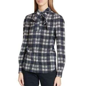 SAINT LAURENT  Plaid Neck-tie Silk Blouse
